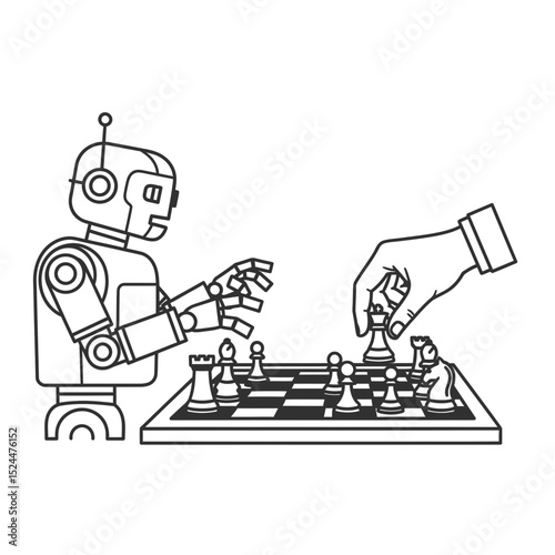 Robot Playing Chess with Human Hand in Black and White Style  