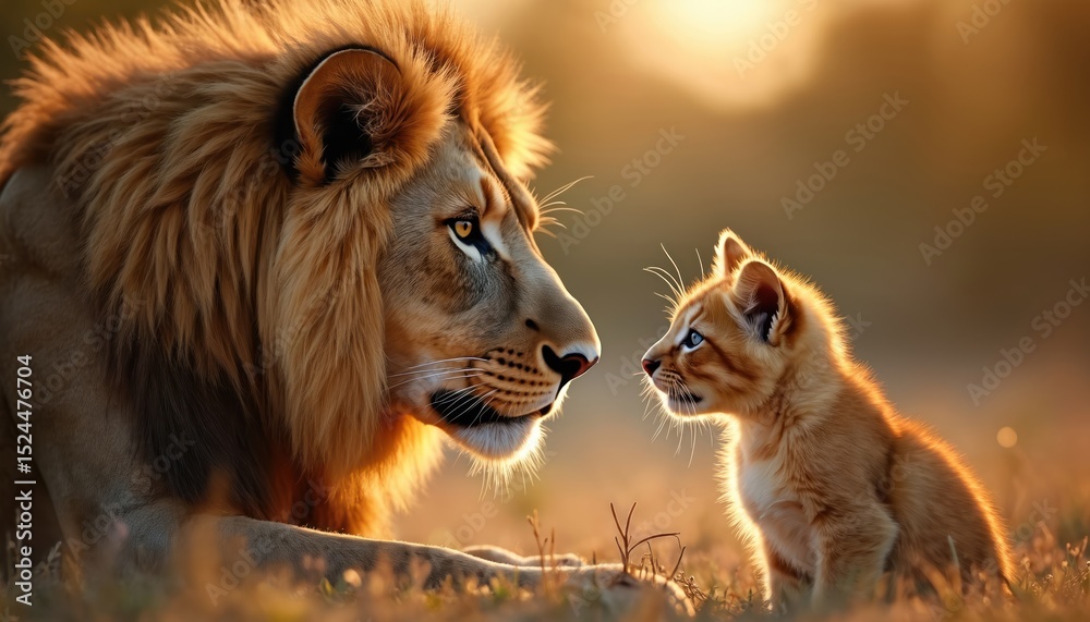 Obraz premium Close-up portrait of lion, kitten. Wild animals face each other. Big lion, small cute kitten. Wildlife photo shows friendship. Nature, background, wild animal photo with contrast, sunset warm colors.