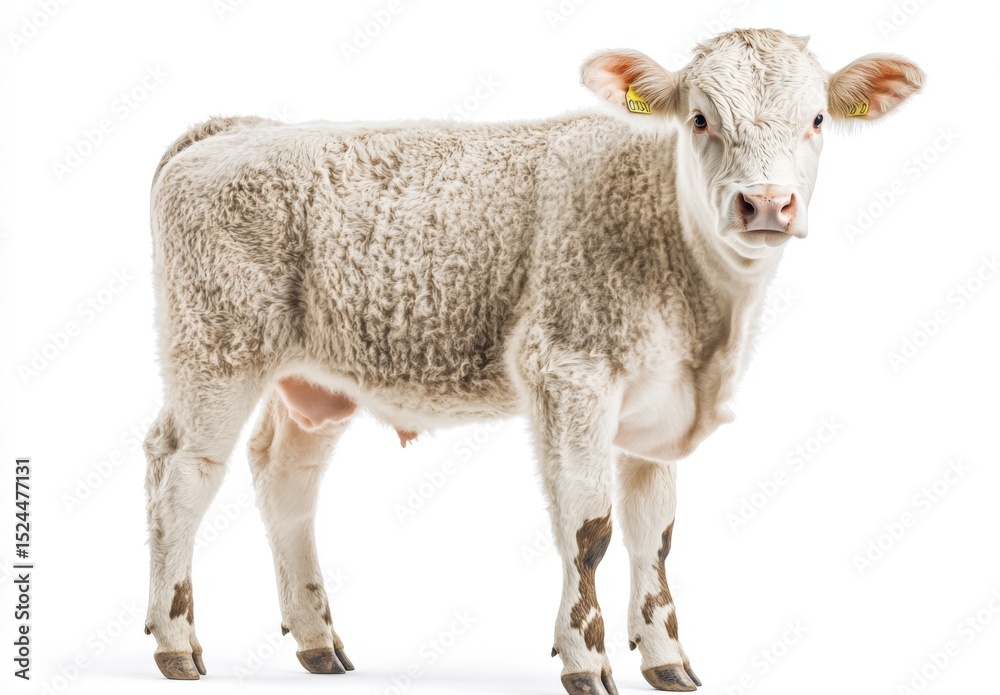 Fototapeta premium Mother cow and calf standing warmly side by side Emphasizes the close relationship between mother cow and calf. Conveys love and family, isolated on white background.