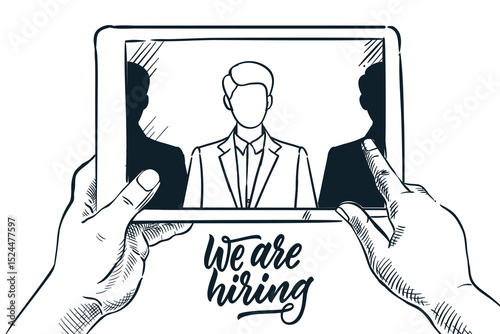 We are hiring concept. Vector drawn sketch illustration of human hands scrolling candidates' resumes on a tablet