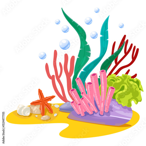 Coral reef isolated on white background. Vector cartoon illustration. Underwater marine life, aquarium design element