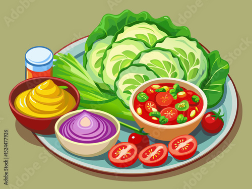 vector of Salad is a combination of chopped cabbage, tomatoes and cucumbers, peas, red cabbage and a bowl of sauce on the side of the salad.