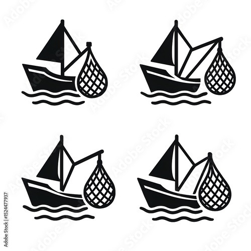 Set of Fishing Boat Net Icon Maritime Ship Ocean Seafood Industry Transportation Marine Nautical Sailing Vessel Vector Illustration