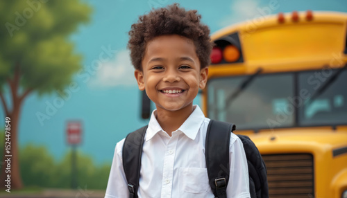 Smiling schoolboy stands outdoors, wearing white shirt, black backpack. Hispanic child with teeth, school bus stop background. Concept childhood, education, primary school, youth, fun, happy, student.