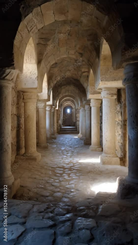Arched stone corridor featuring symmetrical columns and light at the end of the tunnel creating sense of depth, perspective, and architectural beauty. Arched stone corridor featuring symmetrical columns and light at the end of the tunnel creating sense of depth, perspective, and architectural beauty.