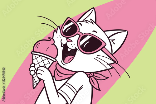 Vector illustration of a cat in sunglasses eating an ice-cream.