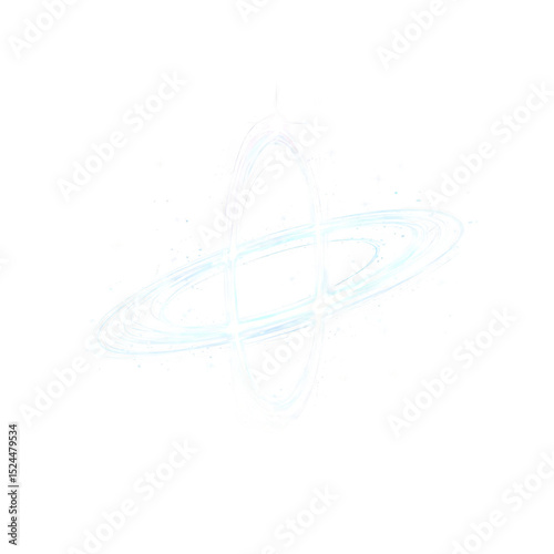 Glowing, abstract ring with cosmic theme, resembling stylized planet with orbiting rings, set against transparency background. design is ethereal and futuristic, evoking sense of wonder