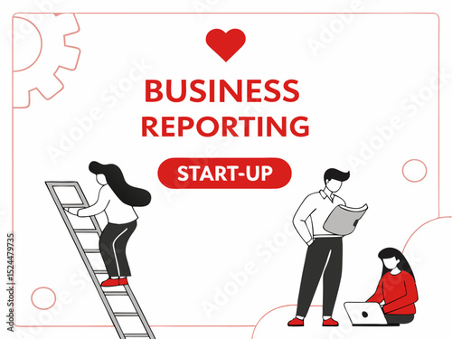 Professional flat design business reporting page with casual workers ladder and desk setup