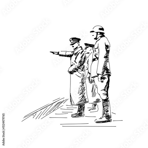 An illustration of Vintage Retro Leader saluting the troops,  Clean and professional vector artwork suitable for law enforcement topics,  memorial day designs, WW2, dictatorship, leadership army's 