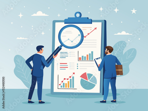 Detailed financial analysis teamwork concept with miniature businessmen studying business charts and graphs