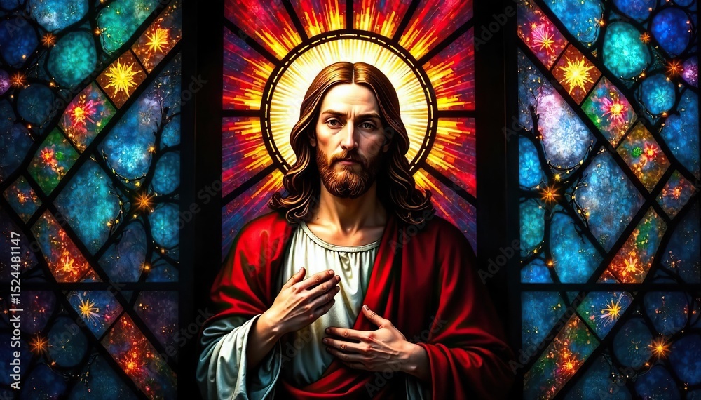 Fototapeta premium Vibrant stained glass window depicting a serene Christ, radiating light and symbolic colors Perfect for religious themes, Easter, Christmas, or inspirational projects , cathedral, cross, serene