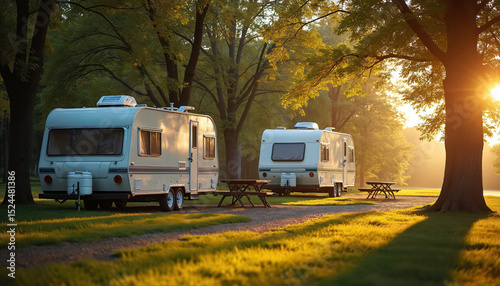Fototapeta Naklejka Na Ścianę i Meble -  Campers parked campsite early morning. Recreation vehicles on green grass near picnic tables. Trees with sunlight shining on camping trailers, motorhomes. Summer leisure travel and vacation concepts.