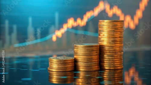 Golden coin stacks on reflective surface with glowing stock chart in background — ideal for financial investment, wealth growth, and economic trend visuals