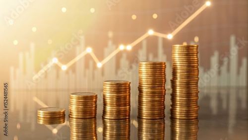 Golden coin stacks on reflective surface with glowing stock chart in background — ideal for financial investment, wealth growth, and economic trend visuals