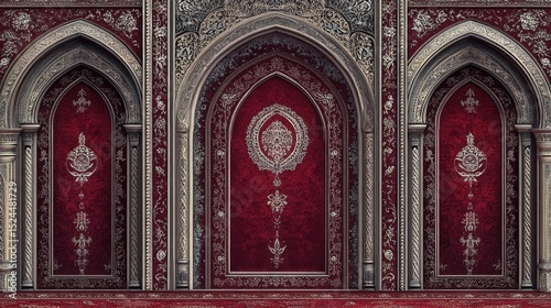 Ornate arched entryway with rich crimson panels.