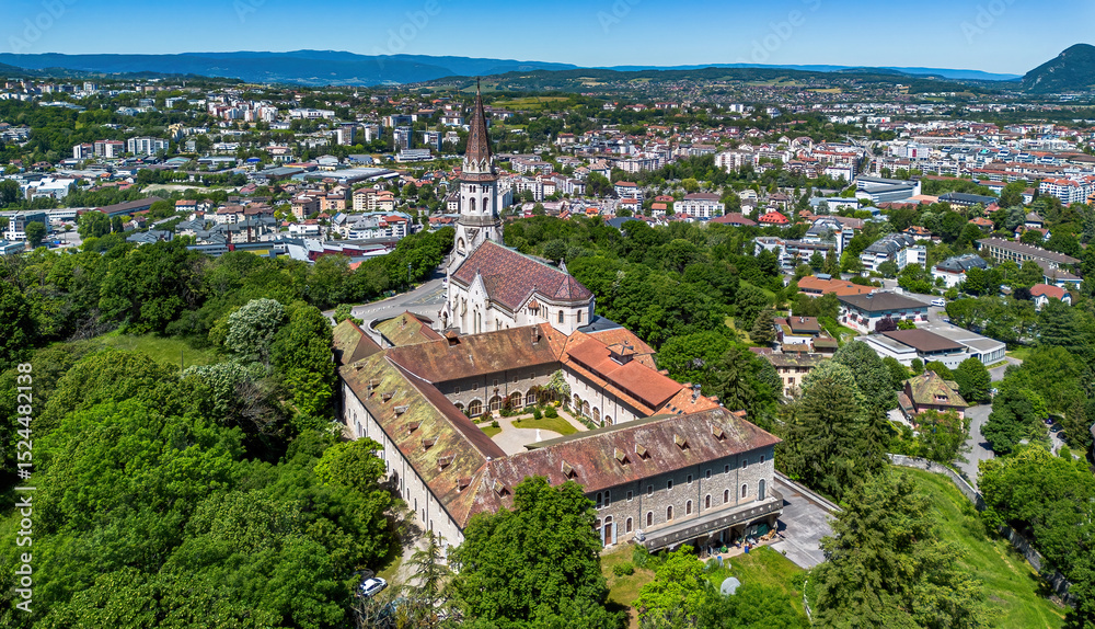 Obraz premium Aerial view of the Basilica of the Visitation of Annecy, a lakeside city located in Haute-Savoie, Auvergne-Rhônes-Alpes, France