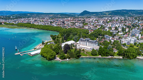 Tableau sur toile Aerial view of the Imperial Hotel in the shore of Lake Annecy, a city located in