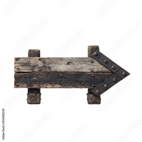 Rustic wooden arrow sign with weathered texture and metal accents, pointing to right. sign has vintage appearance, evoking sense of nostalgia and direction