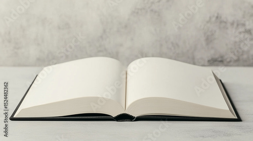 Open blank book on wooden table against textured background  