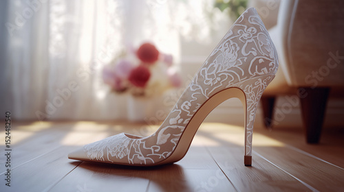 Elegant white high heel shoe with lace design on wooden floor  