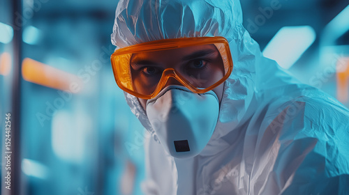 Healthcare worker wearing protective gear in a sterile laboratory environment  