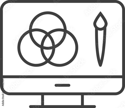 Color theory circle and painting brush on PC monitor display, UI icon