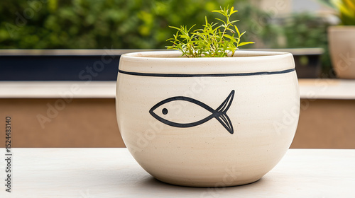 Ceramic plant pot with fish design containing green plant  