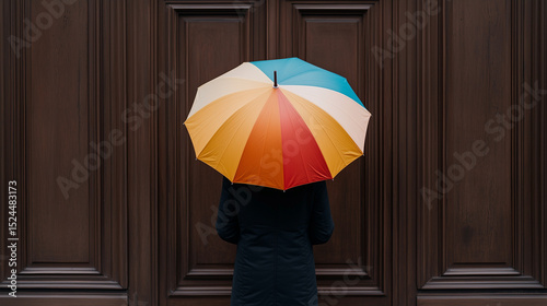 Person holding colorful umbrella while standing by a wooden door  