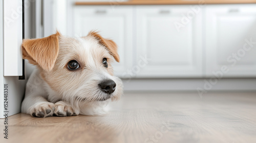 Puppy lying on wooden floor in modern kitchen looking curiously  