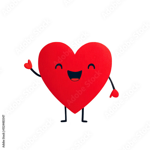 Cute, smiling red heart character with arms and legs, expressing joy and friendliness. heart is animated, with simple and playful design, conveying warmth and happiness