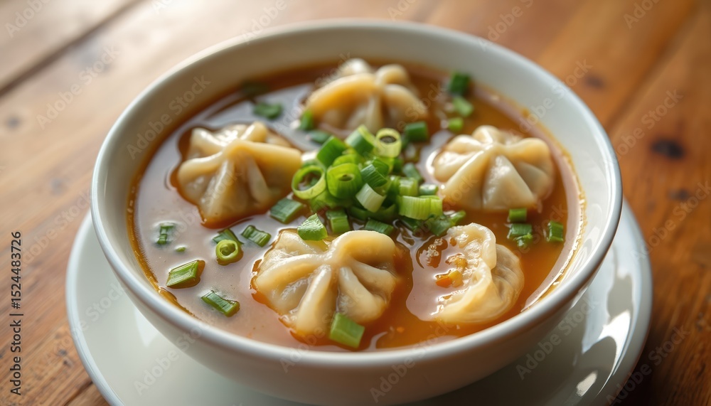Bowl steamed wontons served in broth. Green onion garnish. Delicious Asian cuisine meal. Served on wooden table. Homemade comfort food for lunch, dinner. Culinary dish for food blog. Bowl steamed wontons served in broth. Green onion garnish. Delicious Asian cuisine meal. Served on wooden table. Homemade comfort food for lunch, dinner. Culinary dish for food blog.