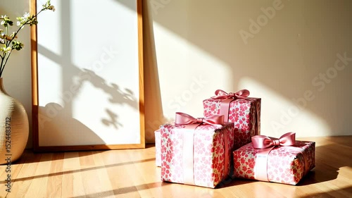 Elegant gift display near a vase with flowers on a wooden floor in a sunlit room, showcasing vibrant colors and soft shadows