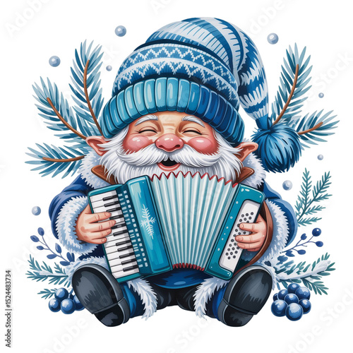 A cheerful gnome wearing a blue, patterned winter hat is joyfully playing an accordion amidst a backdrop of pine branches and berries
