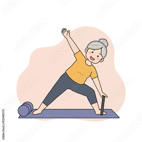 Elderly woman doing pilates while smiling on yoga mat at home  