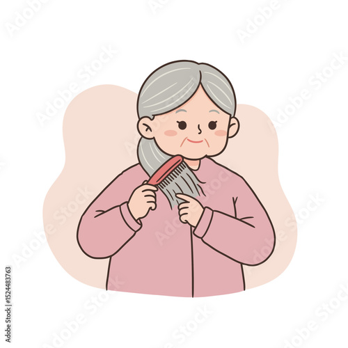 Elderly woman brushing hair with smile 
