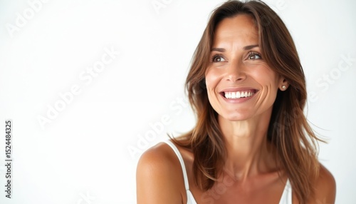 Smiling woman with healthy skin and radiant look. She has smooth skin, showing anti-aging beauty. Beautiful face, fresh appearance. Cosmetic treatments, botox, hyaluronic acid, rejuvenating effect.