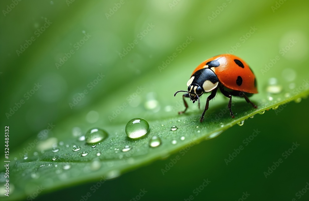 Obraz premium Ladybug sits on green leaf with water droplets. Insect in natural environment. Macro shot of red spotted beetle, insect on green foliage. Nature, wildlife, summer season.