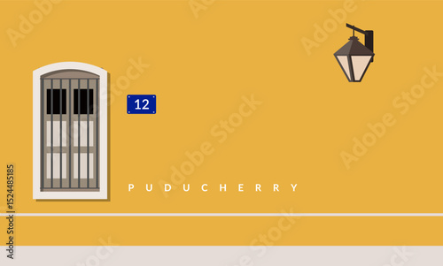 Puducherry - Bright yellow coloured building on roads in White Town - Stock Illustration