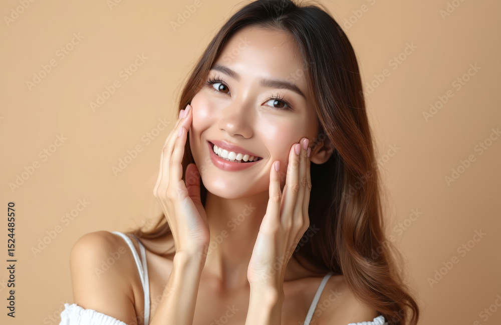 Fototapeta premium Cheerful young woman touches soft skin, checking face condition. Natural beauty, glowing skin, healthy complexion. Skincare beauty treatment. Cosmetology, anti-age concept, laser peeling,
