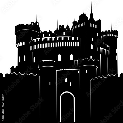 Black Silhouette of a medieval castle on a white background. Vector illustration, for decorating your designs in the style of ancient architecture and For laconic and thematic icons of the Middle Ages