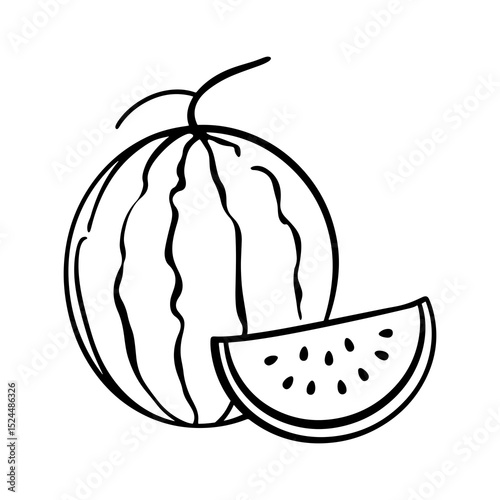 Illustration of a whole watermelon with stripes and a slice showing seeds in black and white outline
