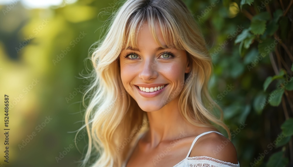 Naklejka premium Young blond woman radiates joy outdoors in summer setting. Portrait natural beauty. Smiling face, vibrant hair, green eyes. Soft lighting enhances feminine style. Casual fashion, healthy glowing