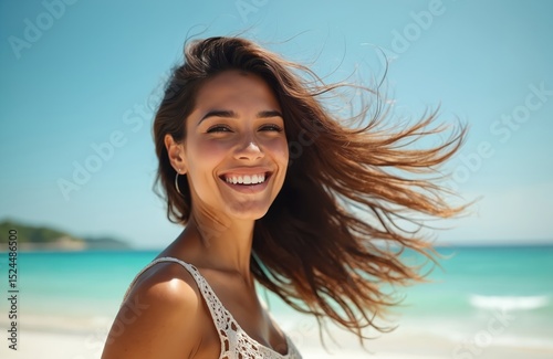 Fototapeta Naklejka Na Ścianę i Meble -  Portrait of beautiful latin woman at the beach enjoying the wind. She is smiling happily. Long hair is blowing in wind. Clear sky, turquoise sea at the background. Concept of freedom travel holidays.