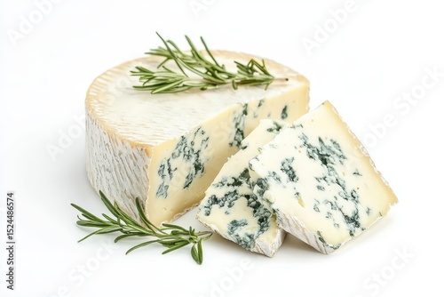 Blue cheese wedges with rosemary isolated on white background, a culinary delight