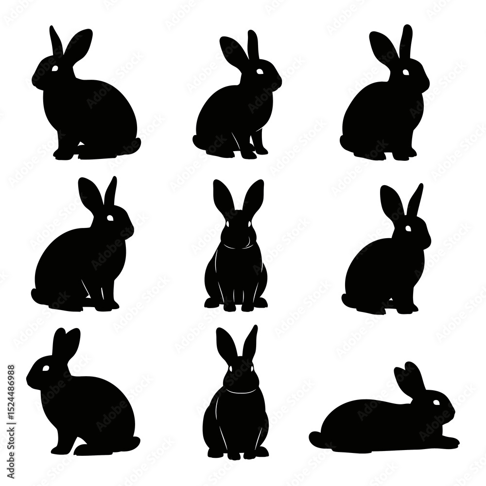Fototapeta premium Nine rabbit silhouettes collection isolated on transparent background