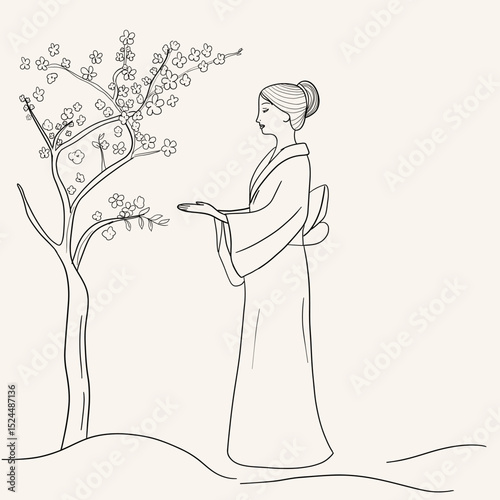 Japan women near blooming sakura, line art vector, traditional clothes, vintage style geisha flat