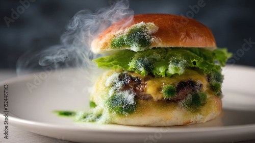 Moldy Cheeseburger on White Plate with Studio Lighting