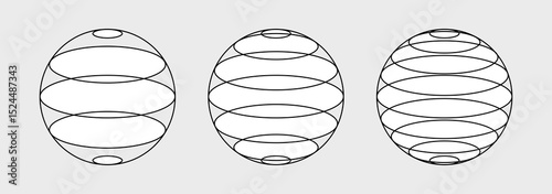 Collection of wireframe globe, ball or sphere with spiral, circular rotating round lines, rings