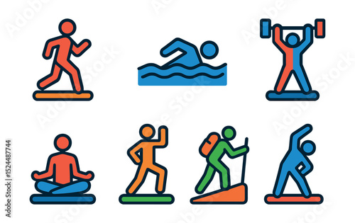Flat vector icons of fitness activities: jogging, swimming, cycling, weightlifting, yoga, aerobics, hiking, stretching.