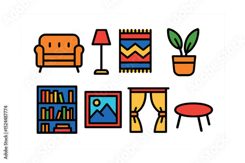 Flat vector icons of home decor: sofa, lamp, rug, plant pot, bookshelf, picture frame, curtains, coffee table.